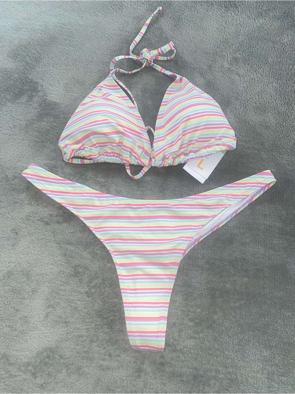 NWT Pastel Stripe Thong Bikini Set Size L Vacation Swimsuit